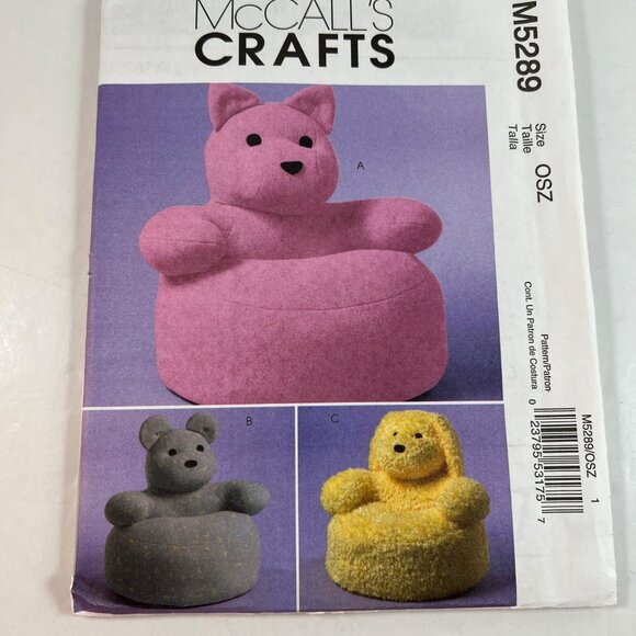 McCalls Crafts Pattern M5289 Toddlers Animal Chairs Kitten Bear Puppy 2006 UNCUT - Picture 3 of 9